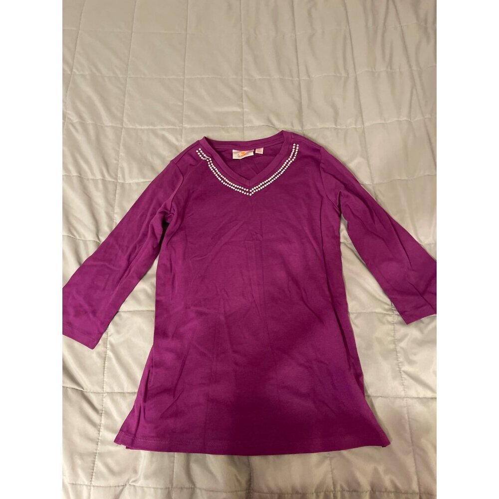 Quacker Factory Womens XS Purple Tunic Top With Beaded Neckline 3/4 Sleeves Soft